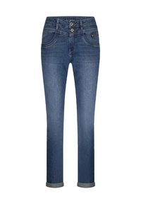 Blauwe denim jeans met een taps toelopende pasvorm, voorzien van twee voortassen, een ritsgulp en een opgerolde zoom. De stof heeft een gladde textuur.