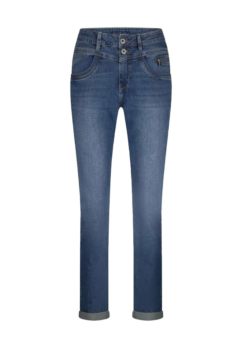 Blauwe denim jeans met een taps toelopende pasvorm, voorzien van twee voortassen, een ritsgulp en een opgerolde zoom. De stof heeft een gladde textuur.
