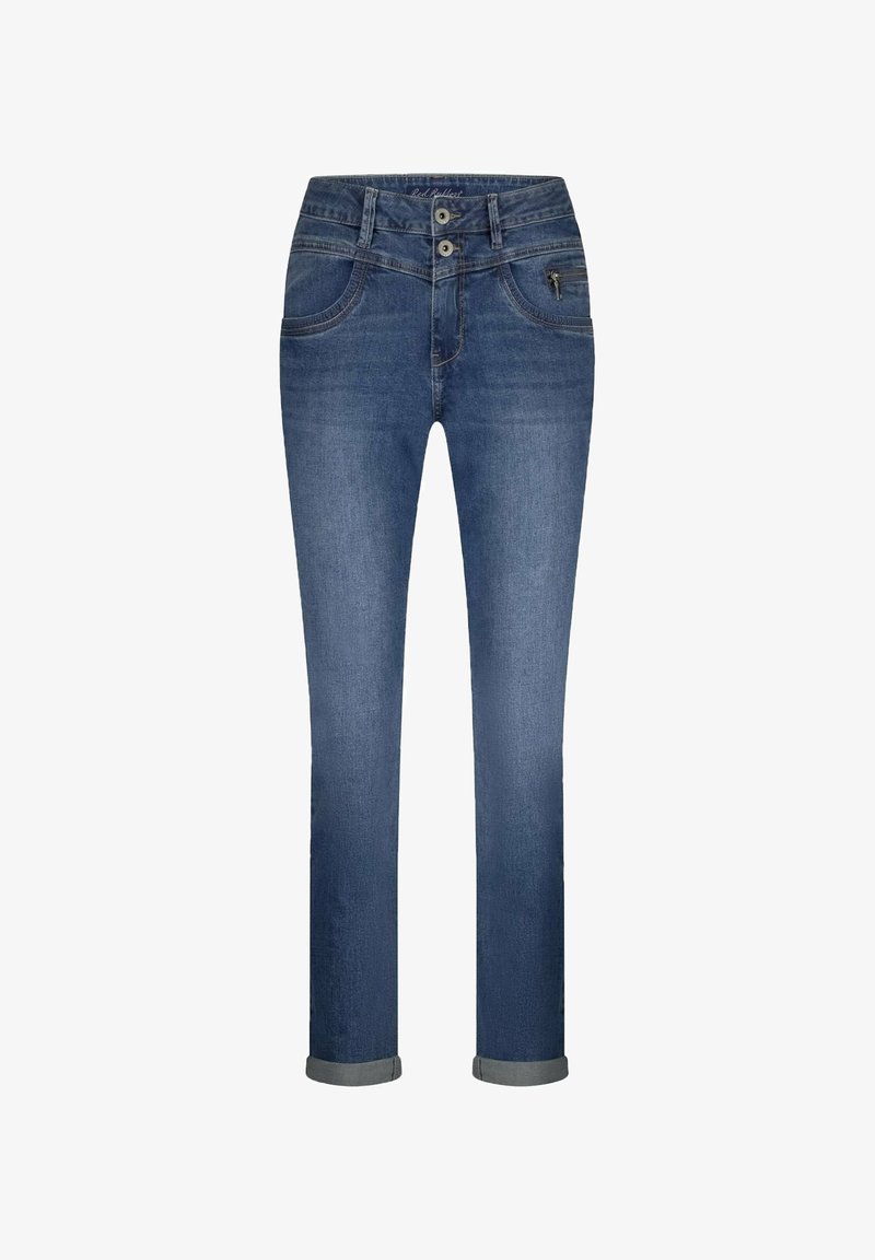 Blauwe denim jeans met een taps toelopende pasvorm, voorzien van twee voortassen, een ritsgulp en een opgerolde zoom. De stof heeft een gladde textuur.