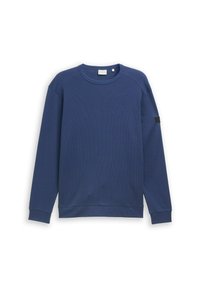 Dunkelblauer Pullover aus strukturiertem Stoff, mit Rundhalsausschnitt, langen Ärmeln, gerippten Bündchen und einem kleinen schwarzen Akzent am Ärmel.