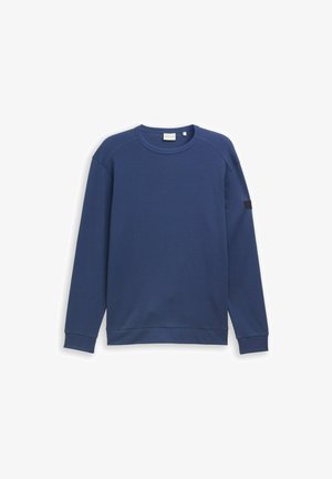 Dunkelblauer Pullover aus strukturiertem Stoff, mit Rundhalsausschnitt, langen Ärmeln, gerippten Bündchen und einem kleinen schwarzen Akzent am Ärmel.