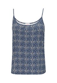 Navyblauw tanktop met dunne bandjes, voorzien van een ingewikkeld bloemen- en geometrisch patroon in wit en geel op een zachte, lichte stof.