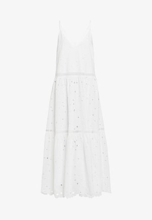 Robe blanche avec un décolleté en V et des bretelles fines, en tissu à œillets, avec un design superposé et une bordure décorative le long de l'ourlet.