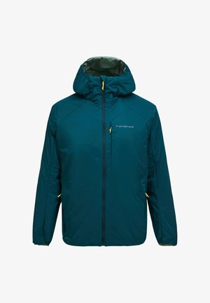 Blauwgroene geïsoleerde gewatteerde jas met capuchon, ritssluiting aan de voorkant, borstzak, zijzakken met gele ritsen en Peak Performance-logo op de borst.