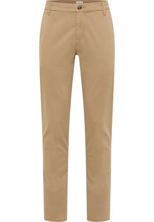 Beżowe chinosy o prostym kroju, wykonane z mieszanki bawełny. Posiadają zapięcie na guzik z przodu, dwie boczne kieszenie oraz gładką teksturę.