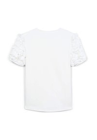 Blusa bianca con maniche corte decorate da arricciature, scollatura rotonda e una texture di stoffa liscia. Vista posteriore mostrata.