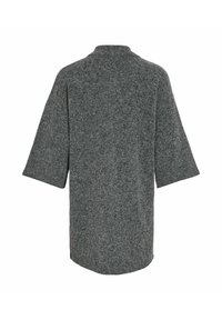 Pilkas vilnonis tekstūruotas paltas su trimis ketvirtadaliais plačiomis rankovėmis ir aukštu apvaliu kaklu, parodytas iš nugaros ant balto fono.