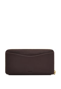 Portefeuille en cuir marron foncé avec une texture lisse, doté d'une fermeture zippée et de coutures beiges contrastantes. Design simple et épuré avec un détail de logo.