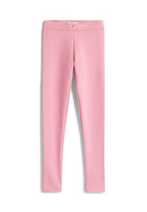 Leggings rosas elásticos con una textura suave, que cuentan con una cinturilla elástica y un logo en la parte superior. Diseño ajustado, que llega hasta los tobillos.