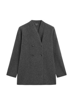 Donkergrijze dubbelgeknoopte wollen blazer met lange mouwen en een V-halskraag, plat uitgestald op een witte achtergrond.