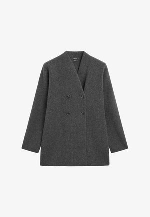 Blazer doppiopetto in lana grigio scuro con maniche lunghe e colletto a V, mostrato disteso su uno sfondo bianco.