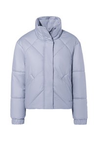 Giacca imbottita azzurro chiaro con colletto alto, cuciture diagonali, polsini elasticizzati e design corto. Tessuto liscio e lucido.