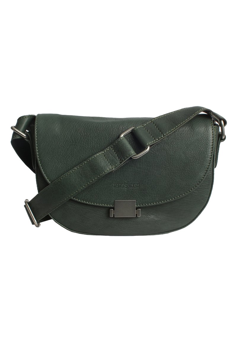 Borsa a tracolla in pelle verde scuro con chiusura a pattina, tracolla regolabile e chiusura metallica rettangolare davanti. Finitura testurizzata.