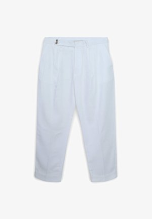 White, tailored trousers with a high waist, two front pleats, and two-button closure, featuring rolled cuffs and smooth texture.