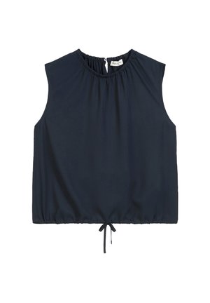 Ärmellose marineblaue Bluse mit gerafftem Ausschnitt, Knopfverschluss mit Schlüsselloch hinten und verstellbarem Kordelzugsaum.