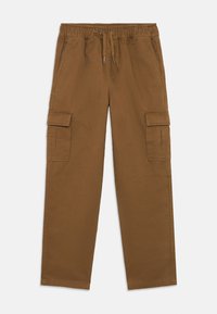 Pantaloni cargo marroni con vita elastica, cordino e due tasche laterali. Realizzati in tessuto liscio e resistente con cuciture a vista.