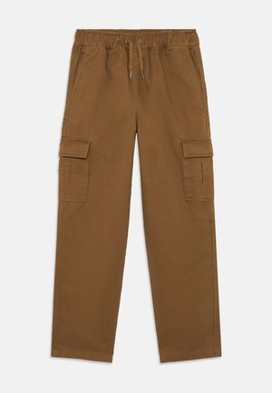 Pantalons cargo bruns avec une taille élastique, un cordon de serrage et deux poches latérales. Fabriqués en tissu lisse et durable avec des coutures piquées.