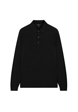 Black long-sleeve polo shirt made from soft fabric, featuring a classic collar, three-button placket, and ribbed cuffs.