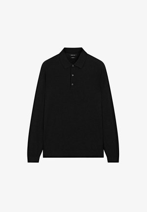 Black long-sleeve polo shirt made from soft fabric, featuring a classic collar, three-button placket, and ribbed cuffs.