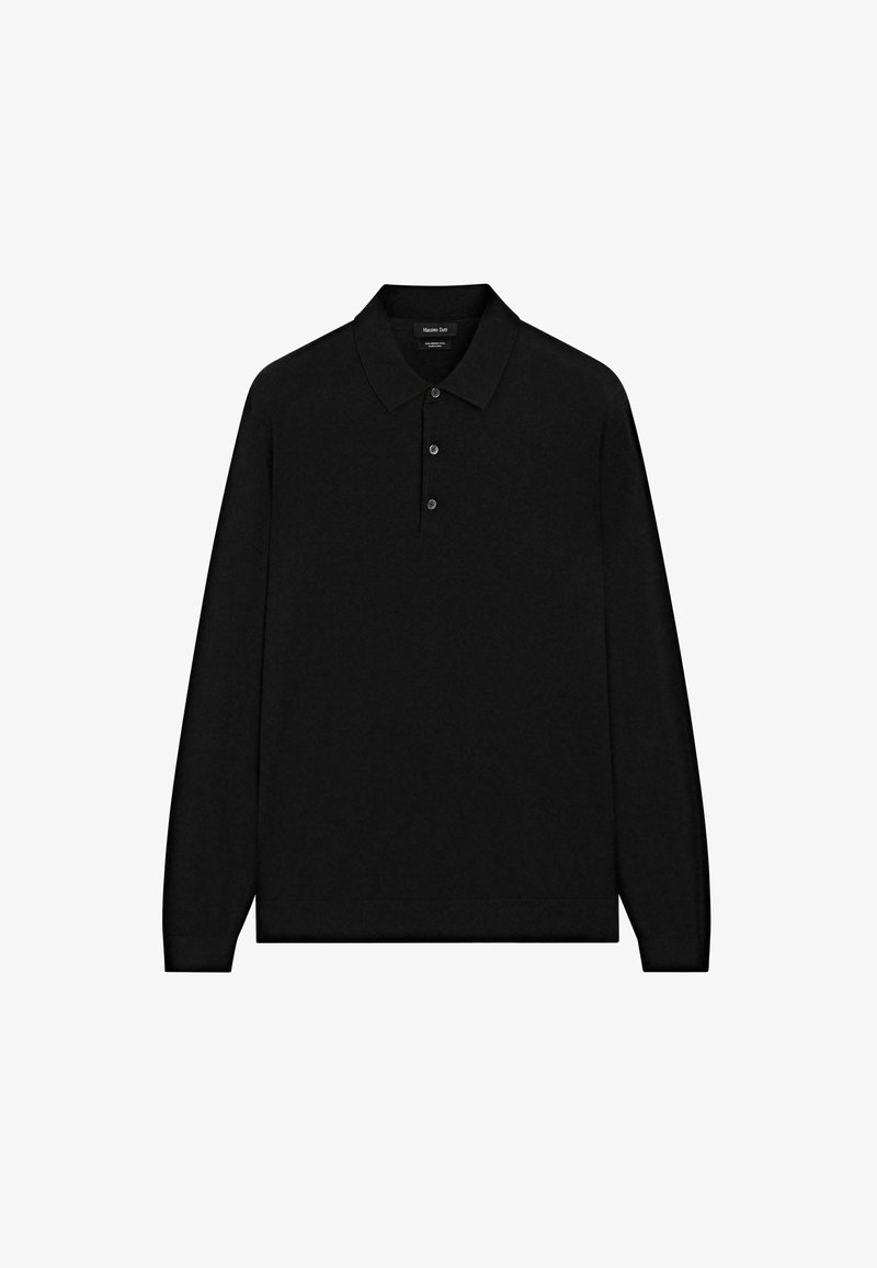 Schwarzes Polohemd mit langen Ärmeln aus weichem Stoff, mit klassischem Kragen, drei-Knopf-Leiste und gerippten Bündchen.