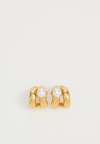 Gold-tone hoop earrings featuring a glossy finish and a central white, round faux pearl detail on each piece.