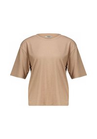 T-shirt beige à manches courtes en maille côtelée avec un col rond et une coupe décontractée. Tissu texturé et silhouette ample pour un confort optimal.