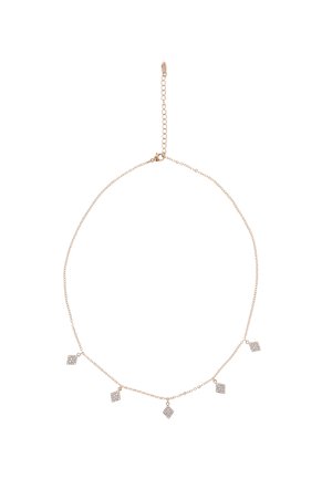 Gold-toned chain necklace featuring five diamond-shaped pendants with clear rhinestones, adding texture and shimmer to the design.
