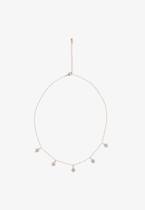 Guldtonet kædehalssmykke med fem diamantformede vedhæng prydet med klare rhinsten, som tilføjer tekstur og glans til designet.