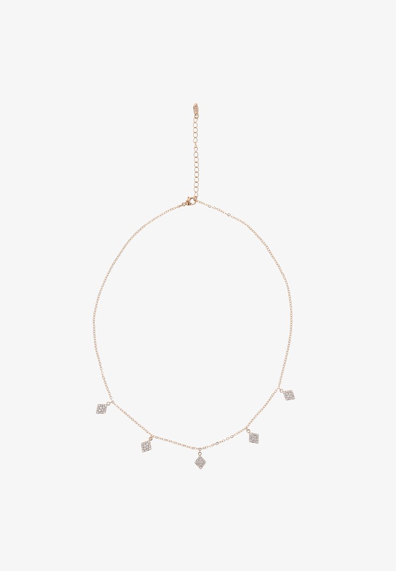 Guldtonet kædehalssmykke med fem diamantformede vedhæng prydet med klare rhinsten, som tilføjer tekstur og glans til designet.