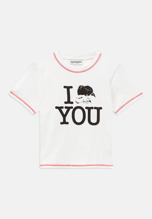 White short-sleeve t-shirt with red trim featuring black text "I YOU" with an image of a person hugging replacing the heart.