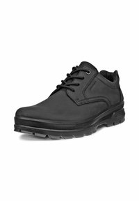 Zapatos de cuero negro con cordones, punta redonda, suela de goma texturizada y un diseño superior suave. Presenta costuras decorativas en el costado.