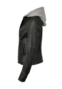 Schwarze Lederjacke mit einer grauen Stoffkapuze. Verfügt über einen Reißverschluss, Seitentaschen und eng zulaufende Ärmel. Glatte Textur und strukturiertes Design.