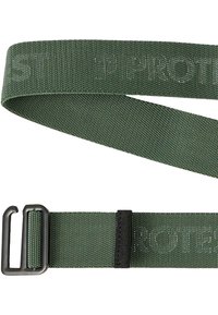 Zielony pasek nylonowy o teksturowanym wykończeniu, z czarną metalową klamrą i czarną pętlą do regulacji. Teksturowana powierzchnia i solidna konstrukcja.