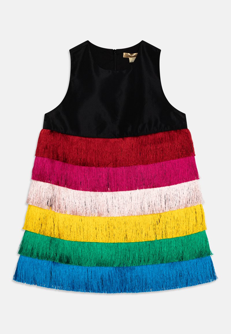 Robe noire sans manches avec des couches horizontales de tissu à franges en rouge, rose, blanc, jaune, vert et bleu. Fermeture éclair dans le dos.