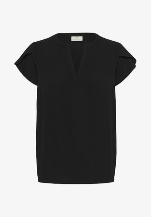 Černá blůza s krátkým rukávem a výstřihem do V, měkká textura a volný střih. Obsahuje jednoduchý, nezdobený design s detaily na postranních švech.