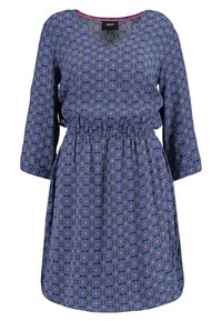 Robe bleue à motif avec manches longues, taille cintrée et col rond. Présente des motifs floraux circulaires en rose et blanc.