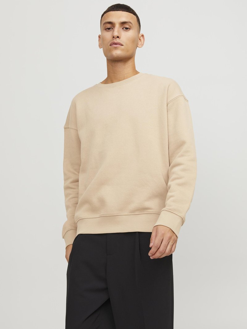 Sudadera beige de cuello redondo, hecha de una mezcla de algodón, con hombros caídos, puños acanalados y un corte relajado. Combinada con pantalones negros.