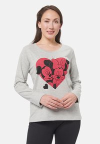 Gray long-sleeve shirt featuring a large red heart graphic with black illustrations of two cartoon mouse characters. Soft cotton material.