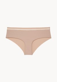 Culotte de bikini beige avec une finition lisse, dotée d'une taille texturée et d'un design classique de culotte. Tissu doux avec un léger extensibilité.