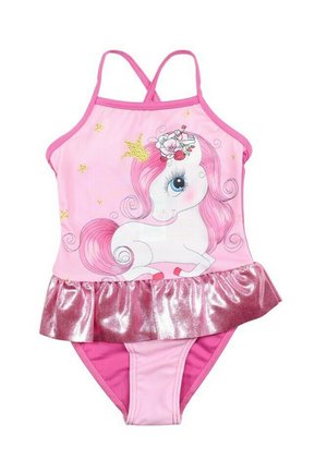 Maillot de bain rose avec un motif de licorne et un détail en volants argentés à la taille. Fabriqué en matériau lisse et extensible, comportant des bretelles fines.