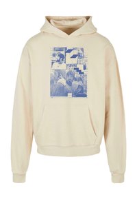 Beige huppari, jossa on etupuolella sininen graafinen printti. Varustettu etutaskulla ja säädettävällä hupulla. Pehmeä kangas ja rento istuvuus.