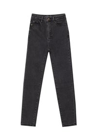 Jeans skinny negros de cintura alta con cierre de botón, bolsillos delanteros y traseros, y pasadores para cinturón, colocados planos sobre un fondo blanco.