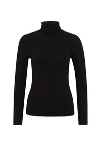 Maglione nero a collo alto con maniche lunghe, dal design aderente, realizzato in tessuto morbido ed elastico. Texture liscia e dettagli minimi.