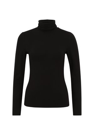 Sudadera de cuello alto negra de manga larga con un diseño ajustado, hecha de un tejido suave y elástico. Textura suave y detalles mínimos.