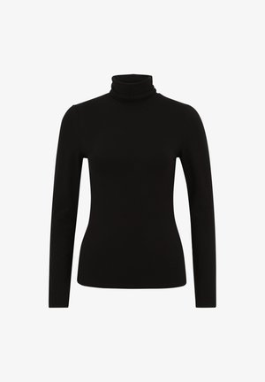 Zwarte coltrui met lange mouwen en een aansluitend ontwerp, gemaakt van zachte, rekbare stof. Glad textuur en minimale details.