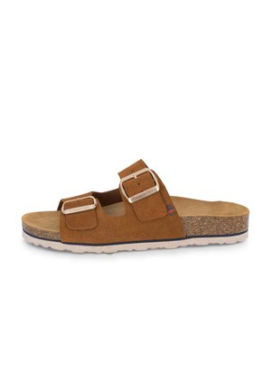 Sandale mule en daim marron avec deux brides réglables à boucle, semelle intérieure en liège moulée et semelle claire texturée.