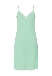 Vestido de dormir verde menta con lunares blancos, tirantes ajustables, detalles de encaje en el escote y un pequeño lazo en el centro.