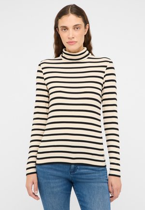 Schwarz-weiß gestreifter Rollkragenpullover mit figurbetontem Schnitt und gerippter Struktur. Die langen Ärmel enden am Handgelenk.