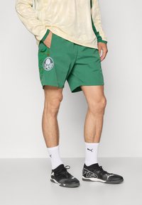 Bañador verde con un logotipo circular y un patrón de hojas, fabricado con material ligero. Combinado con zapatos negros y calcetines blancos.