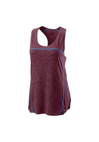 Top sportivo color bordeaux con scollo a barca e schiena aperta, caratterizzato da cuciture blu lungo le cuciture e un tessuto morbido e strutturato.